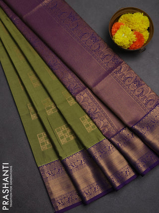 Semi soft silk saree mehendi green and violet with allover zari woven buttas and zari woven border