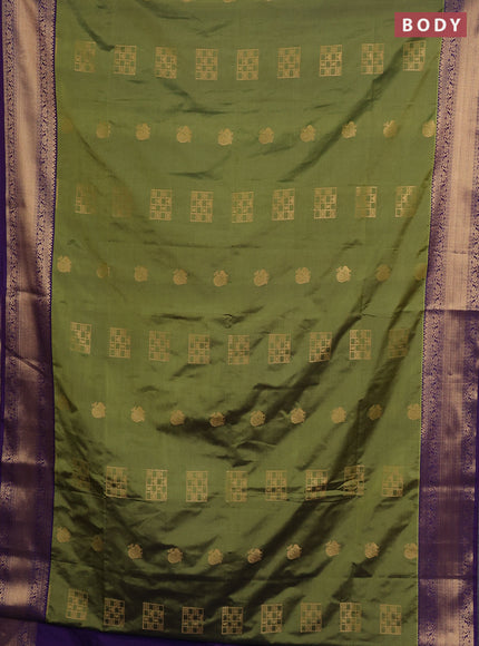 Semi soft silk saree mehendi green and violet with allover zari woven buttas and zari woven border