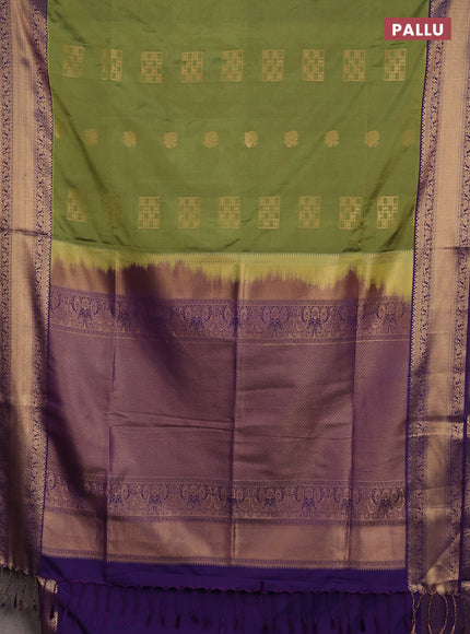 Semi soft silk saree mehendi green and violet with allover zari woven buttas and zari woven border