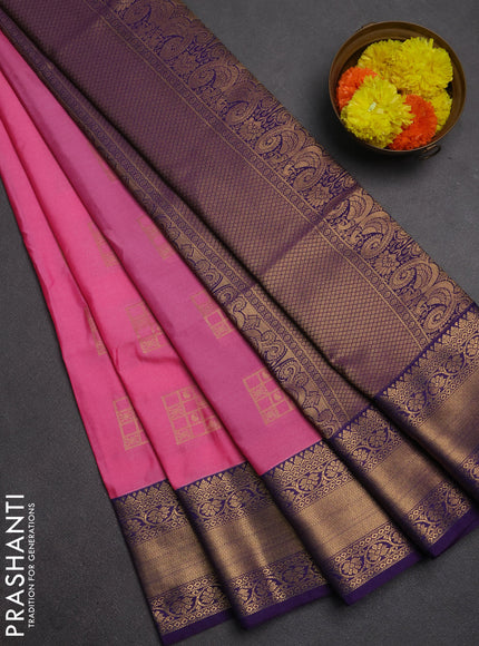 Semi soft silk saree pink and purple with allover zari woven buttas and zari woven border