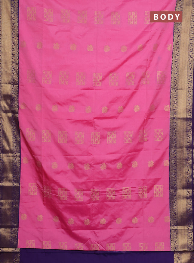 Semi soft silk saree pink and purple with allover zari woven buttas and zari woven border