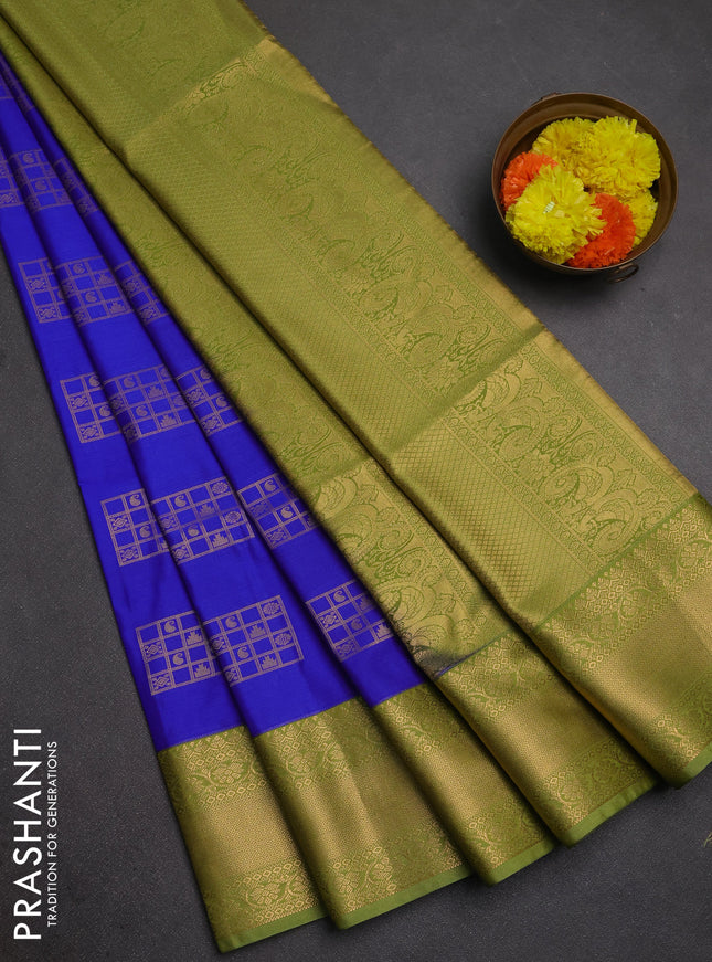 Semi soft silk saree royal blue and green with allover zari woven buttas and zari woven border