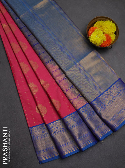 Semi soft silk saree pink and cs blue with allover zari woven buttas and zari woven border