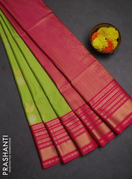 Semi soft silk saree fluorescent green and pink with allover zari woven buttas and zari woven border