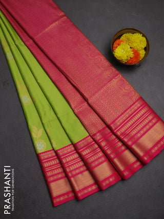 Semi soft silk saree fluorescent green and pink with allover zari woven buttas and zari woven border