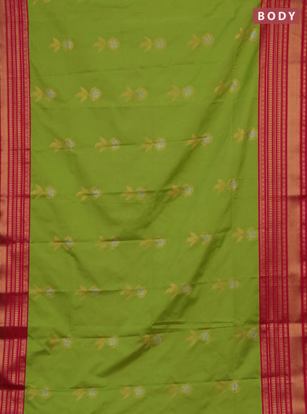 Semi soft silk saree fluorescent green and pink with allover zari woven buttas and zari woven border