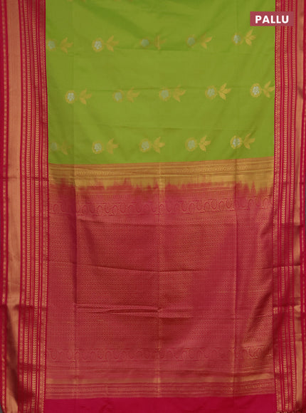 Semi soft silk saree fluorescent green and pink with allover zari woven buttas and zari woven border