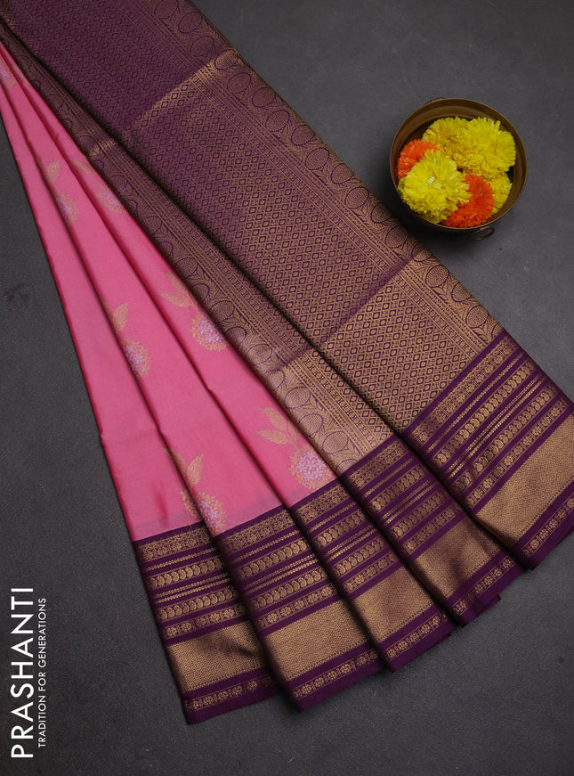 Semi soft silk saree light pink and purple with allover zari woven buttas and zari woven border