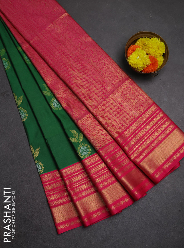 Semi soft silk saree green and pink with allover zari woven buttas and zari woven border