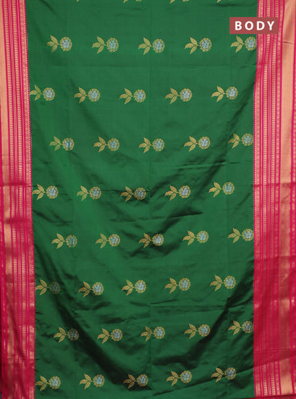 Semi soft silk saree green and pink with allover zari woven buttas and zari woven border