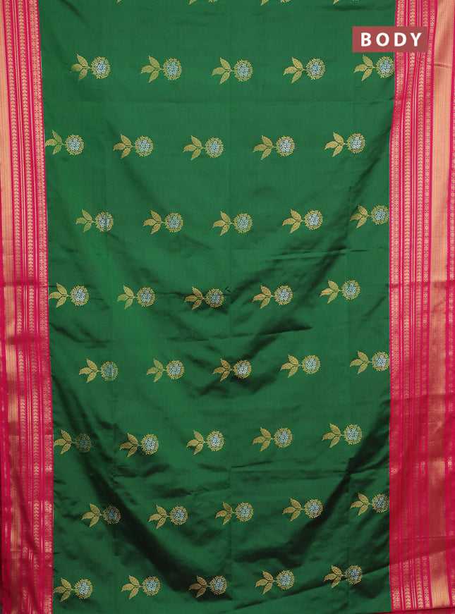 Semi soft silk saree green and pink with allover zari woven buttas and zari woven border
