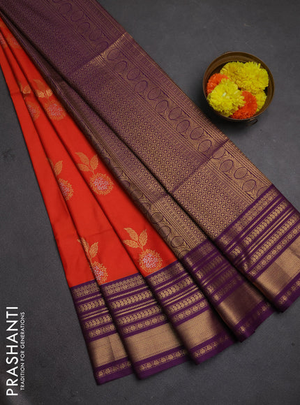 Semi soft silk saree orange and purple with allover zari woven buttas and zari woven border