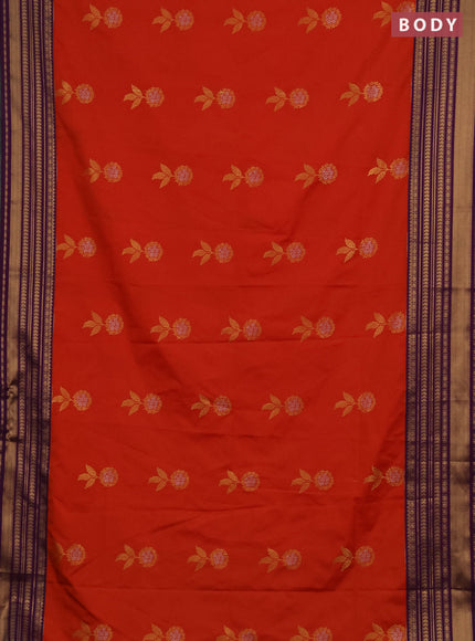 Semi soft silk saree orange and purple with allover zari woven buttas and zari woven border