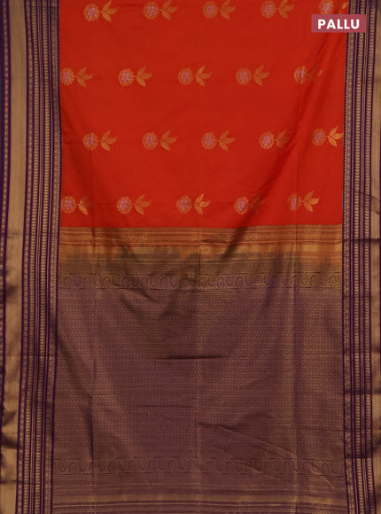 Semi soft silk saree orange and purple with allover zari woven buttas and zari woven border