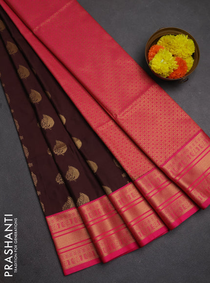 Semi soft silk saree coffee brown and pink with allover zari woven buttas and zari woven border