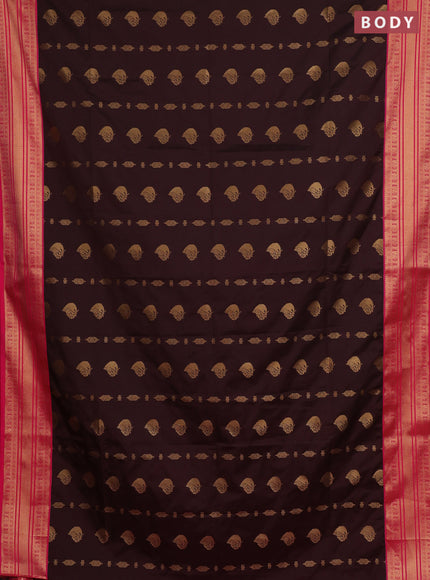 Semi soft silk saree coffee brown and pink with allover zari woven buttas and zari woven border