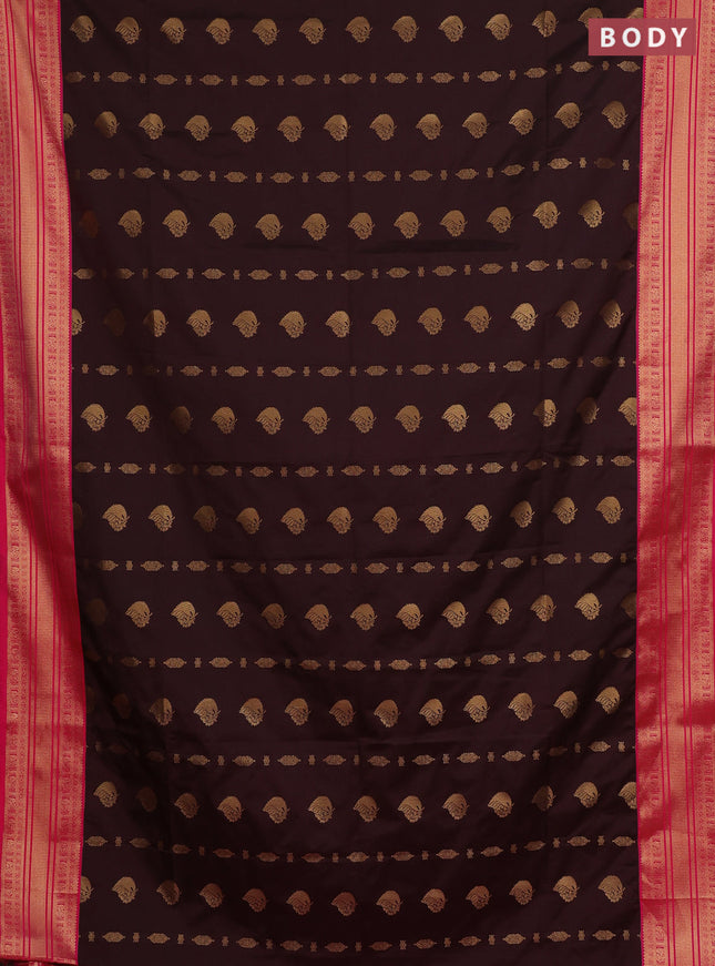 Semi soft silk saree coffee brown and pink with allover zari woven buttas and zari woven border