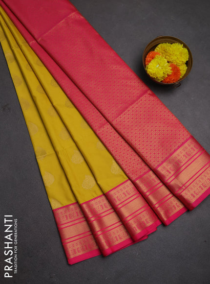 Semi soft silk saree yellow and pink with allover zari woven buttas and zari woven border