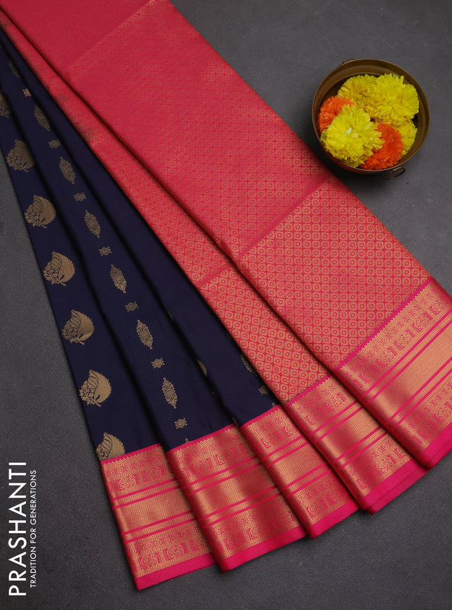 Semi soft silk saree navy blue and pink with allover zari woven buttas and zari woven border