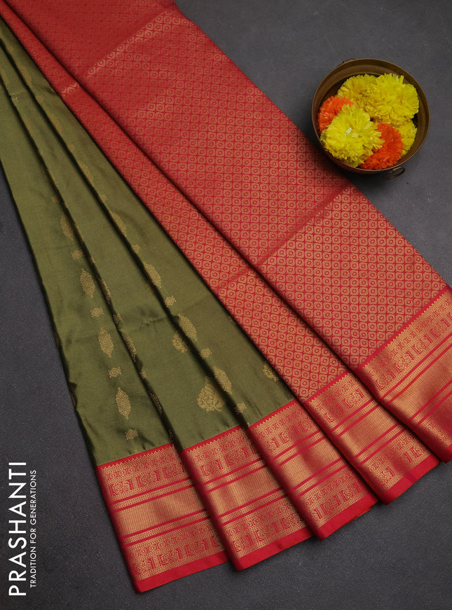 Semi soft silk saree mehendi green and dual shade of pinkish orange with allover zari woven buttas and zari woven border
