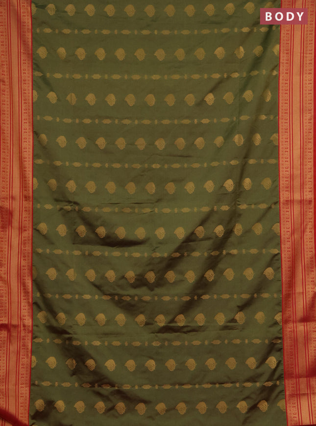 Semi soft silk saree mehendi green and dual shade of pinkish orange with allover zari woven buttas and zari woven border