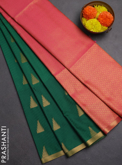 Semi soft silk saree green and candy pink with allover temple design zari woven buttas and zari woven piping border