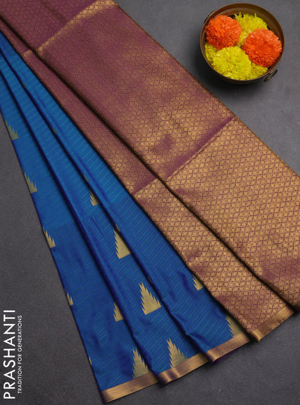 Semi soft silk saree peacock blue and purple with allover temple design zari woven buttas and zari woven piping border