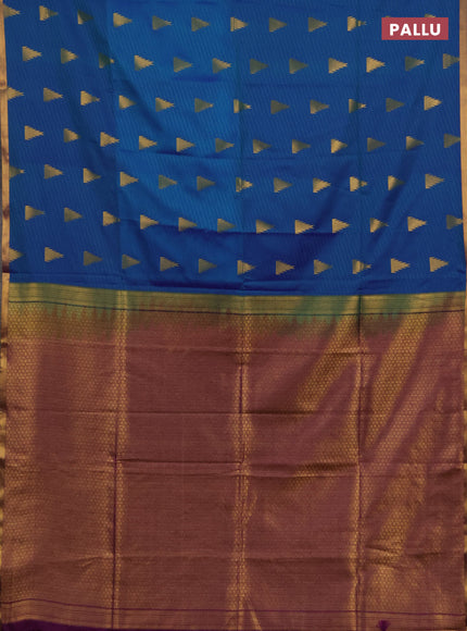 Semi soft silk saree peacock blue and purple with allover temple design zari woven buttas and zari woven piping border