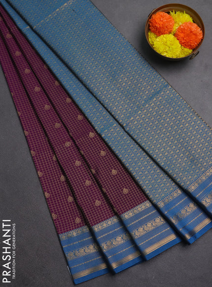 Semi soft silk saree purple and cs blue with allover zari checks & buttas and zari woven border