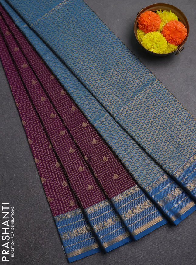 Semi soft silk saree purple and cs blue with allover zari checks & buttas and zari woven border