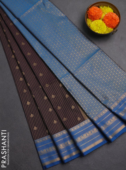 Semi soft silk saree jamun and cs blue with allover zari checks & buttas and zari woven border