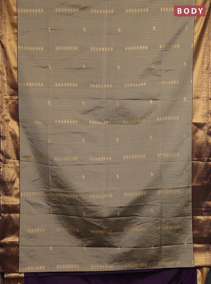 Semi soft silk saree grey shade and purple with allover zari checks & buttas and rich zari woven border