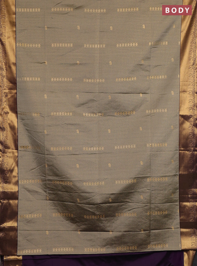 Semi soft silk saree grey shade and purple with allover zari checks & buttas and rich zari woven border