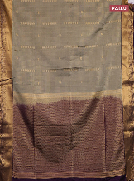 Semi soft silk saree grey shade and purple with allover zari checks & buttas and rich zari woven border