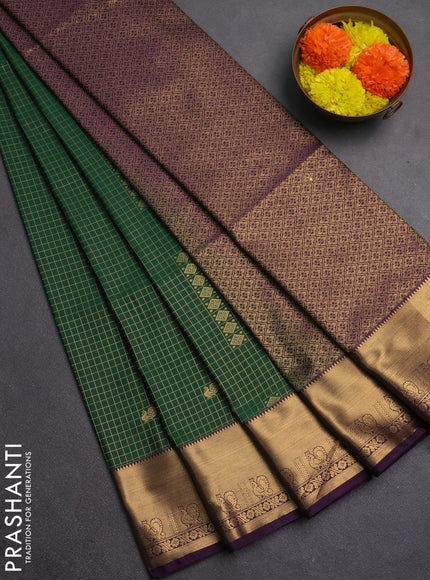 Semi soft silk saree green and purple with allover zari checks & buttas and rich zari woven border