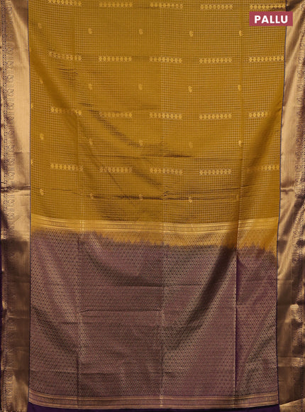 Semi soft silk saree dark mustard and purple with allover zari checks & buttas and rich zari woven border