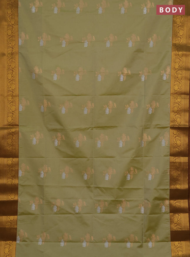 Semi soft silk saree pastel green and mehendi green with silver & gold zari woven buttas and zari woven border