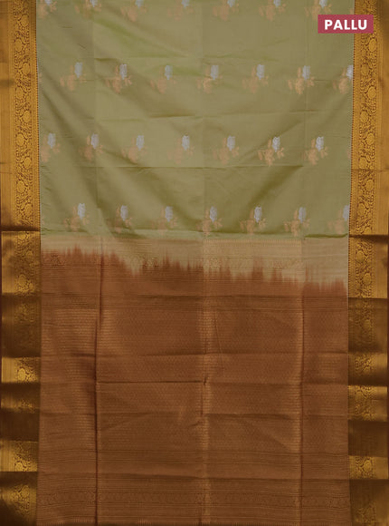 Semi soft silk saree pastel green and mehendi green with silver & gold zari woven buttas and zari woven border