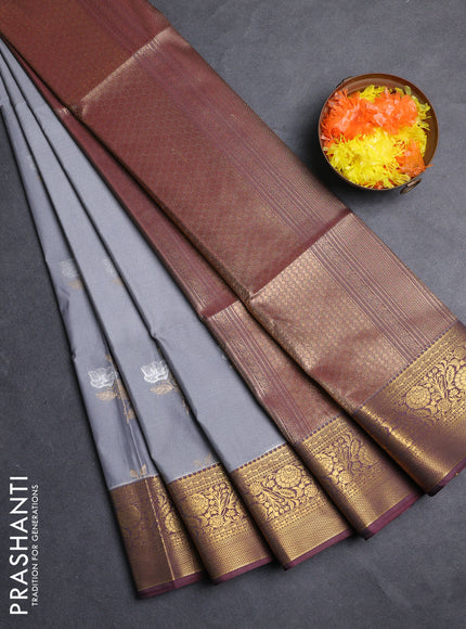 Semi soft silk saree grey and maroon with silver & gold zari woven buttas and zari woven border