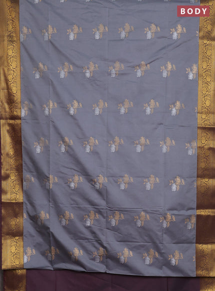Semi soft silk saree grey and maroon with silver & gold zari woven buttas and zari woven border