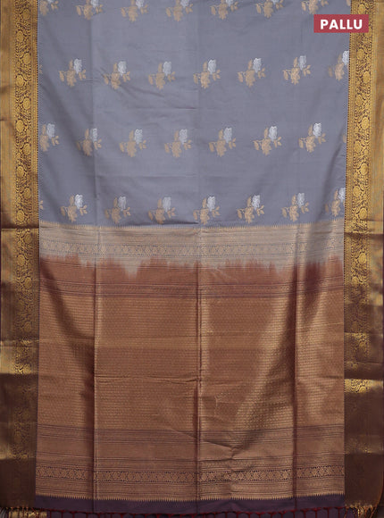 Semi soft silk saree grey and maroon with silver & gold zari woven buttas and zari woven border
