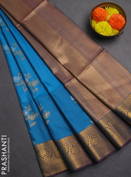 Semi soft silk saree cs blue and dual shade of maroon with silver & gold zari woven buttas and zari woven border