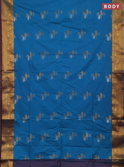 Semi soft silk saree cs blue and dual shade of maroon with silver & gold zari woven buttas and zari woven border