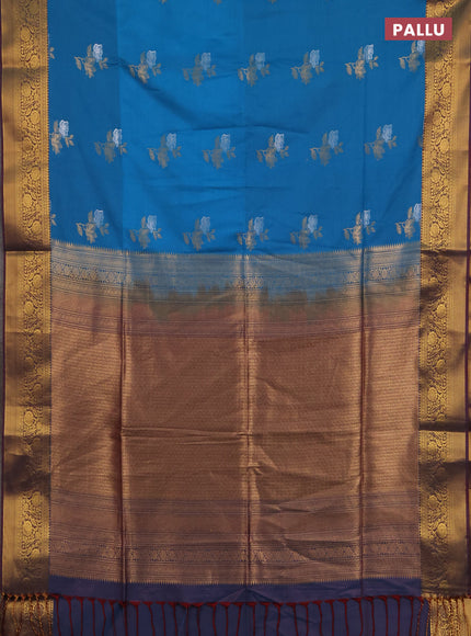 Semi soft silk saree cs blue and dual shade of maroon with silver & gold zari woven buttas and zari woven border