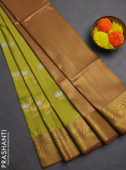 Semi soft silk saree lime green and mehendi green with silver & gold zari woven buttas and zari woven border