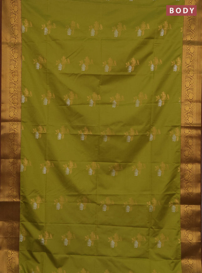 Semi soft silk saree lime green and mehendi green with silver & gold zari woven buttas and zari woven border