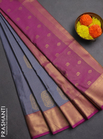 Semi soft silk saree grey and magenta pink with allover zari checks & buttas and zari woven border