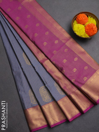 Semi soft silk saree grey and magenta pink with allover zari checks & buttas and zari woven border