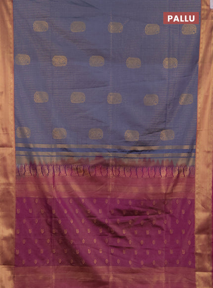 Semi soft silk saree grey and magenta pink with allover zari checks & buttas and zari woven border