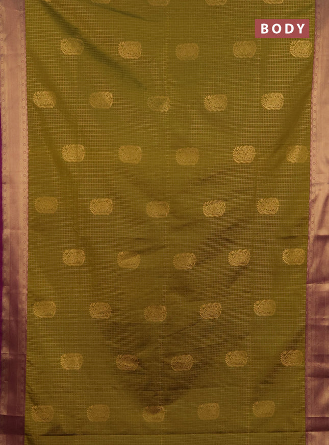Semi soft silk saree mehendi green and magenta pink with allover zari checks & buttas and zari woven border
